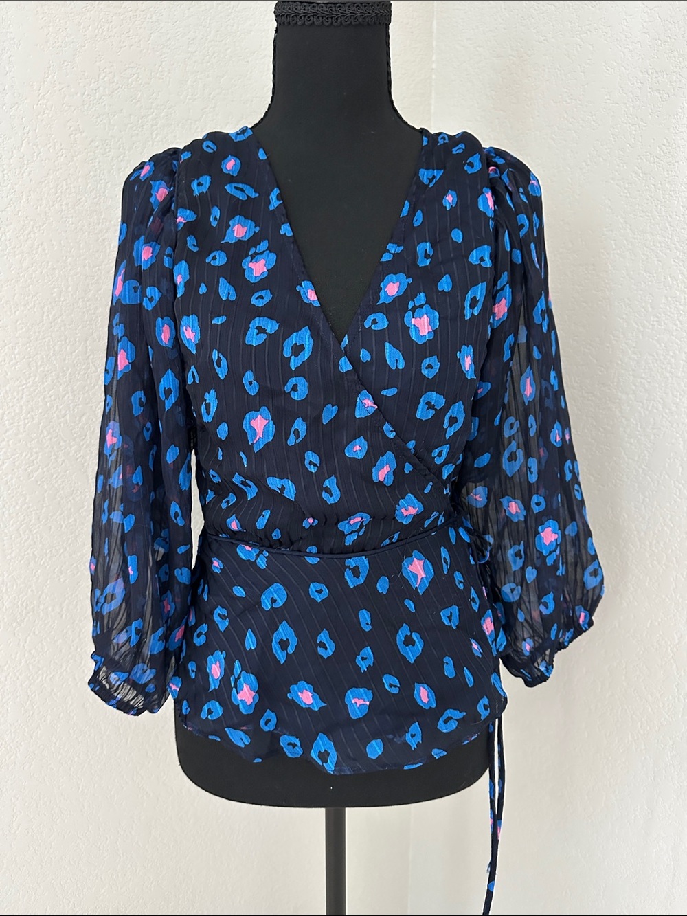 Sugarlips Black Wrap Blouse with Blue and Pink Leopard Print